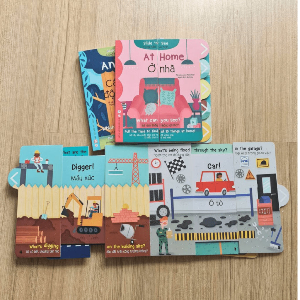 Sách Song Ngữ Bìa Cứng 4 Cuốn: Cùng Kéo Và Nhìn—Combo 4 bilingual interactive boardbooks-Slide and see