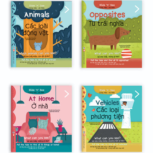 Sách Song Ngữ Bìa Cứng 4 Cuốn: Cùng Kéo Và Nhìn—Combo 4 bilingual interactive boardbooks-Slide and see