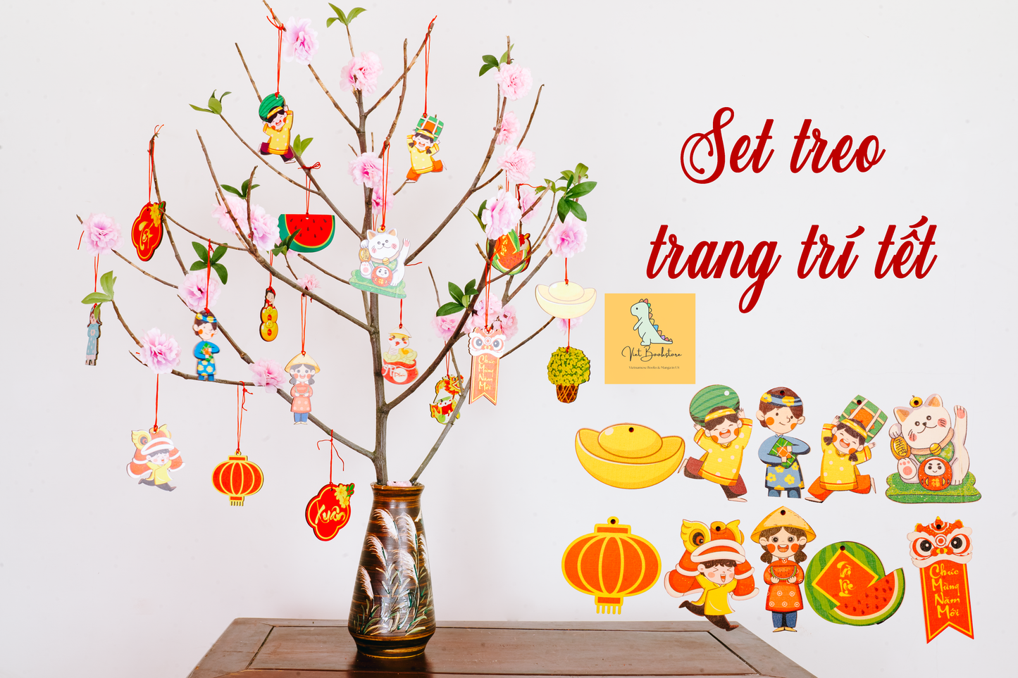 Đồ trang trí Tết bằng gỗ Mèo may mắn Lunar New Year wooden decoration sets|  LuckY Cat ornaments