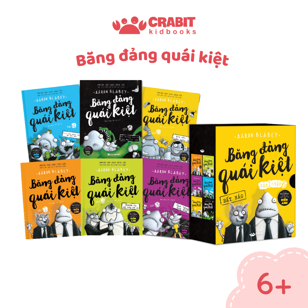 Collection of children's books titled 'Băng đảng quái kiệt' by Aaron Blabey with Crabit Kidbooks branding.