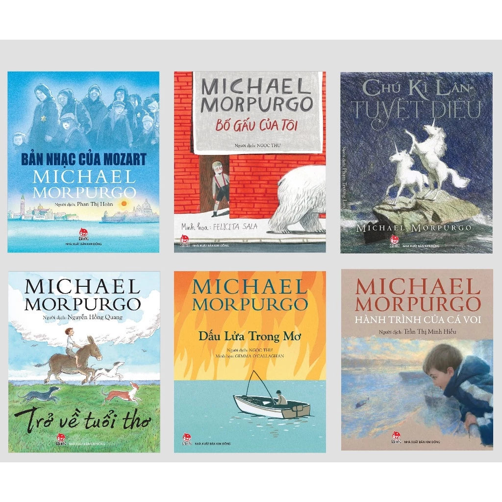  Bộ 5c Sách - Michael Morpurgo : Dấu Lửa Trong Mơ, Trở Về Tuổi Thơ, Bản Nhạc Của Mozart, Hành Trình Của Cá Voi, Chú Kì Lân Tuyệt Diệu